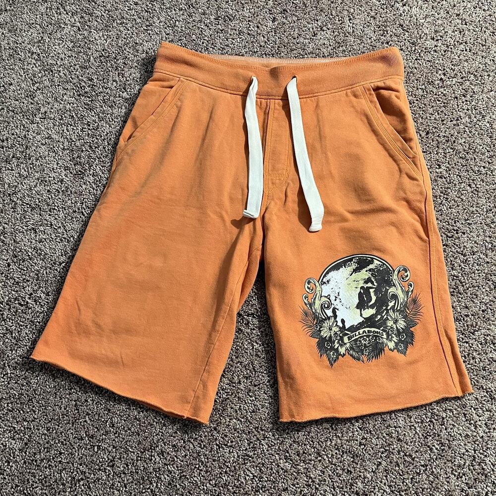 Billabong Shorts Mens Small Orange Fleece Surf Graphic Drawstring Lounge Y2K